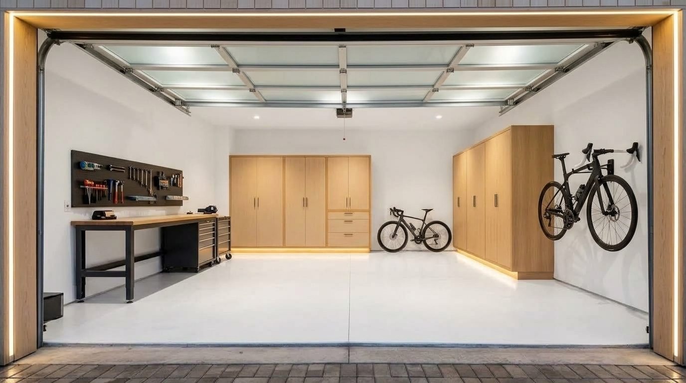 Samuel Garage Door Specialist Interior View of Custom Garage Door Overhead and Workshop